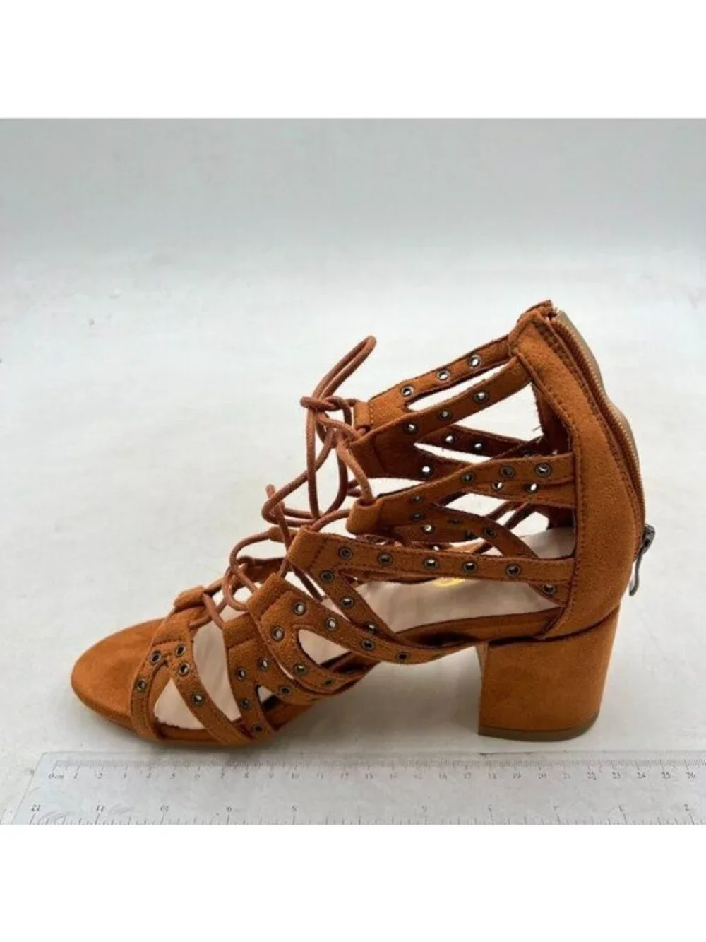 XYD Women Gladiator Caged Block Heel Sandals Open Toe Grommets Straps Brown
